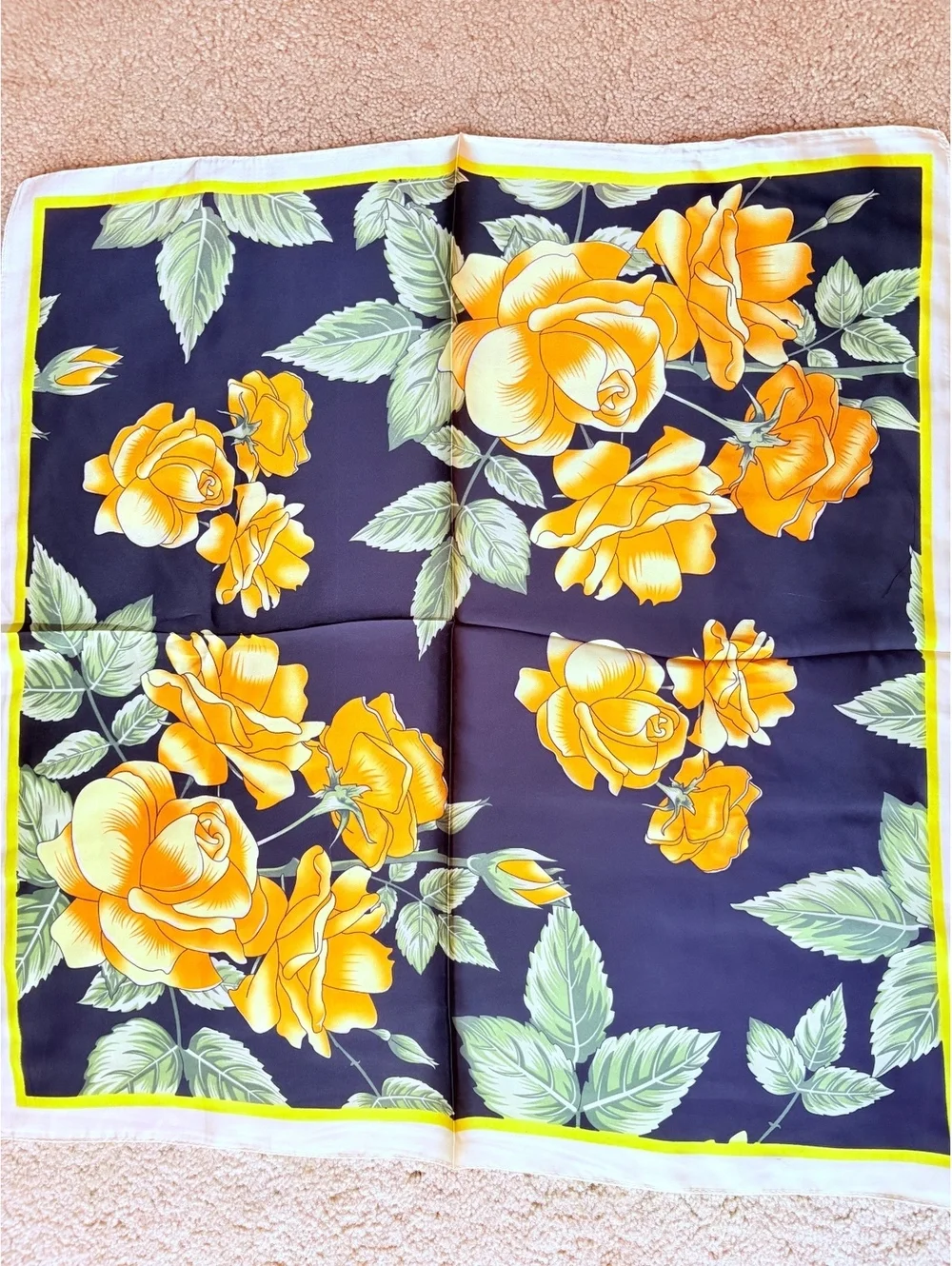 Elegant Black Scarf with Yellow and Orange Rose Floral Print